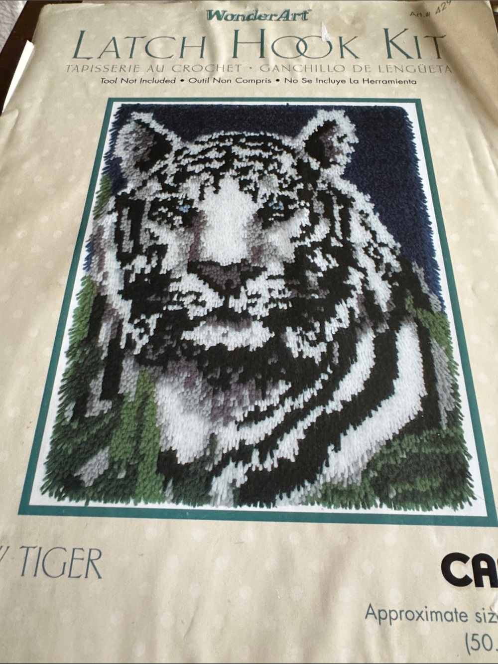 White Tiger Latch Hook Tapestry - White, Black, Green